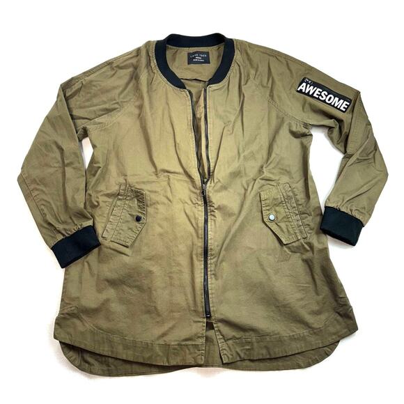 Love Tree Longline Bomber Jacket Women’s M Army Green Zip Front AWESOME Patch - Picture 1 of 5
